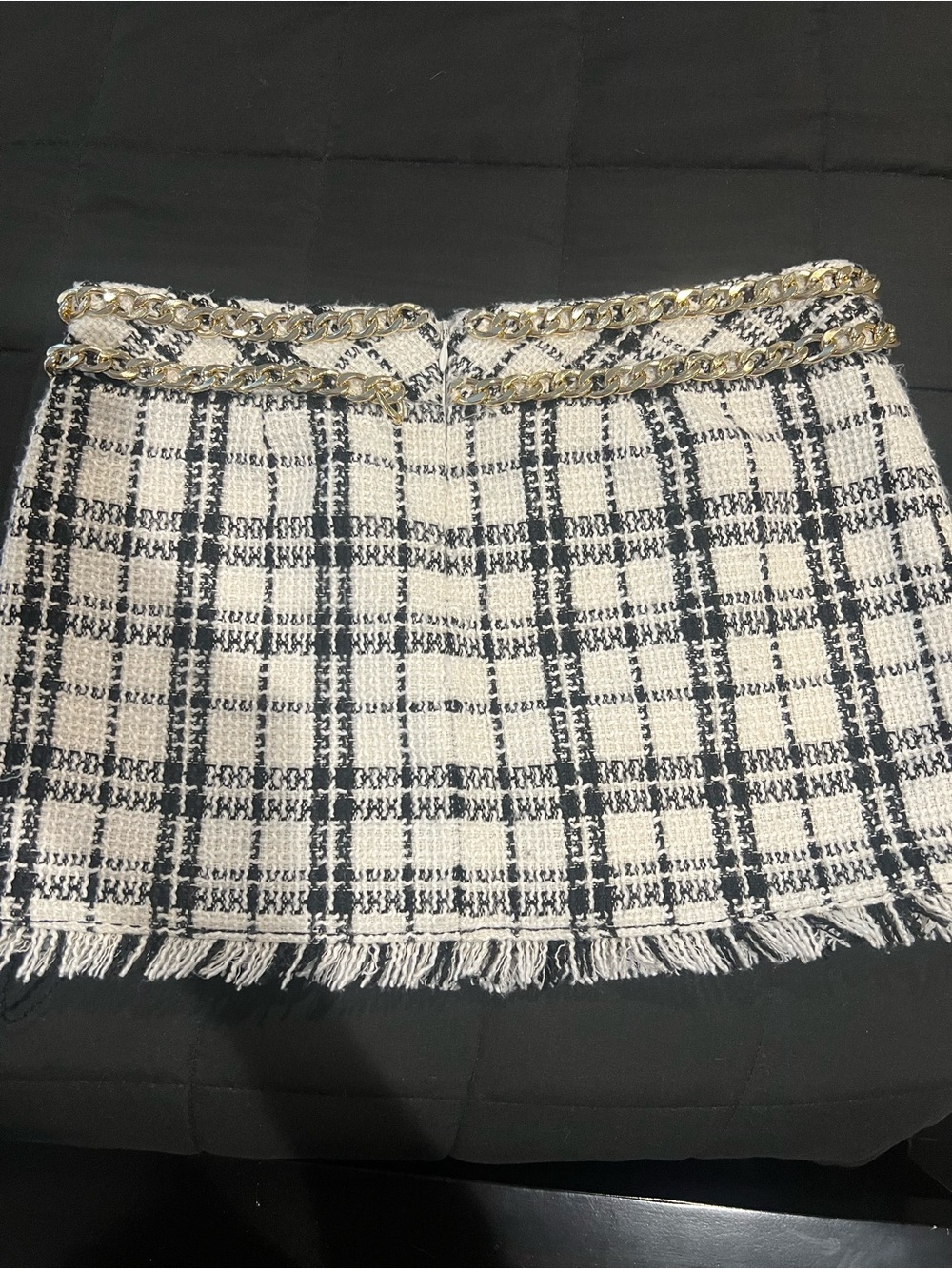 NBD Black & White Tweed Mini Skirt with Gold Chain Waist